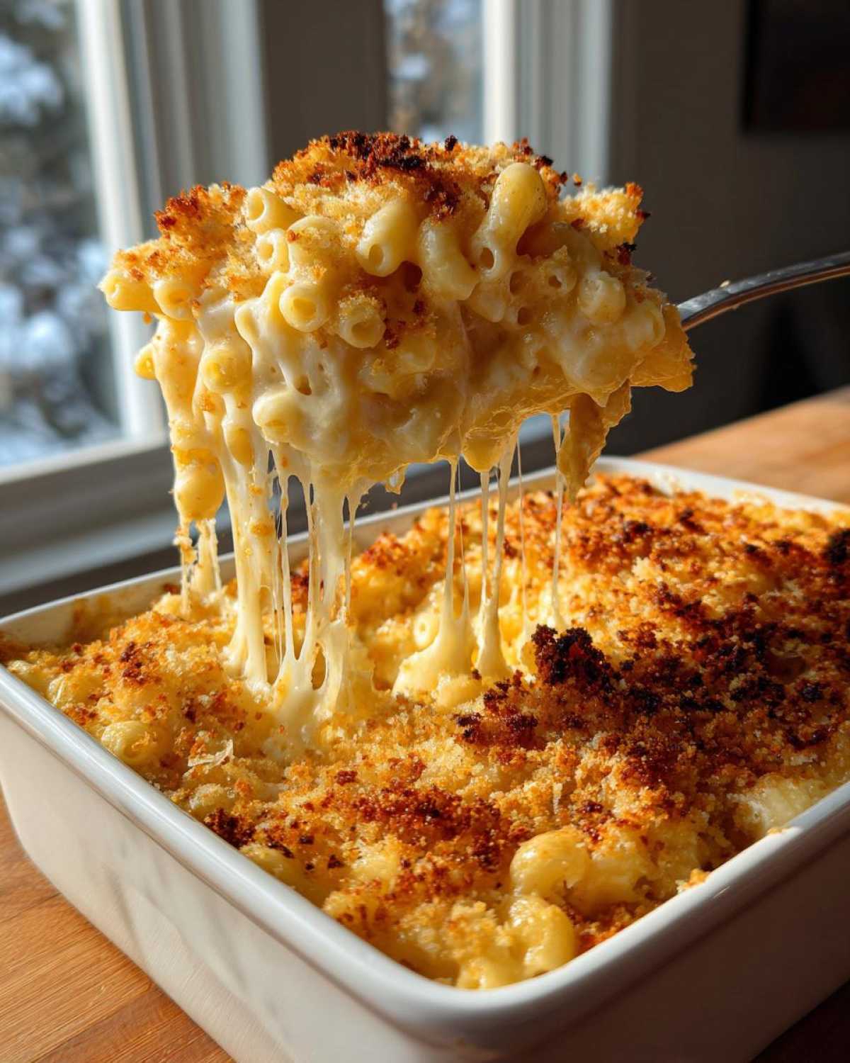 A spoonful of creamy baked mac and cheese showing extreme cheese pull over the casserole dish.