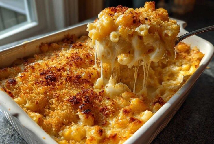 A spoonful of creamy baked mac and cheese showing a dramatic cheese pull from the casserole dish.