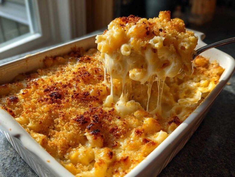 A spoonful of creamy baked mac and cheese showing a dramatic cheese pull from the casserole dish.