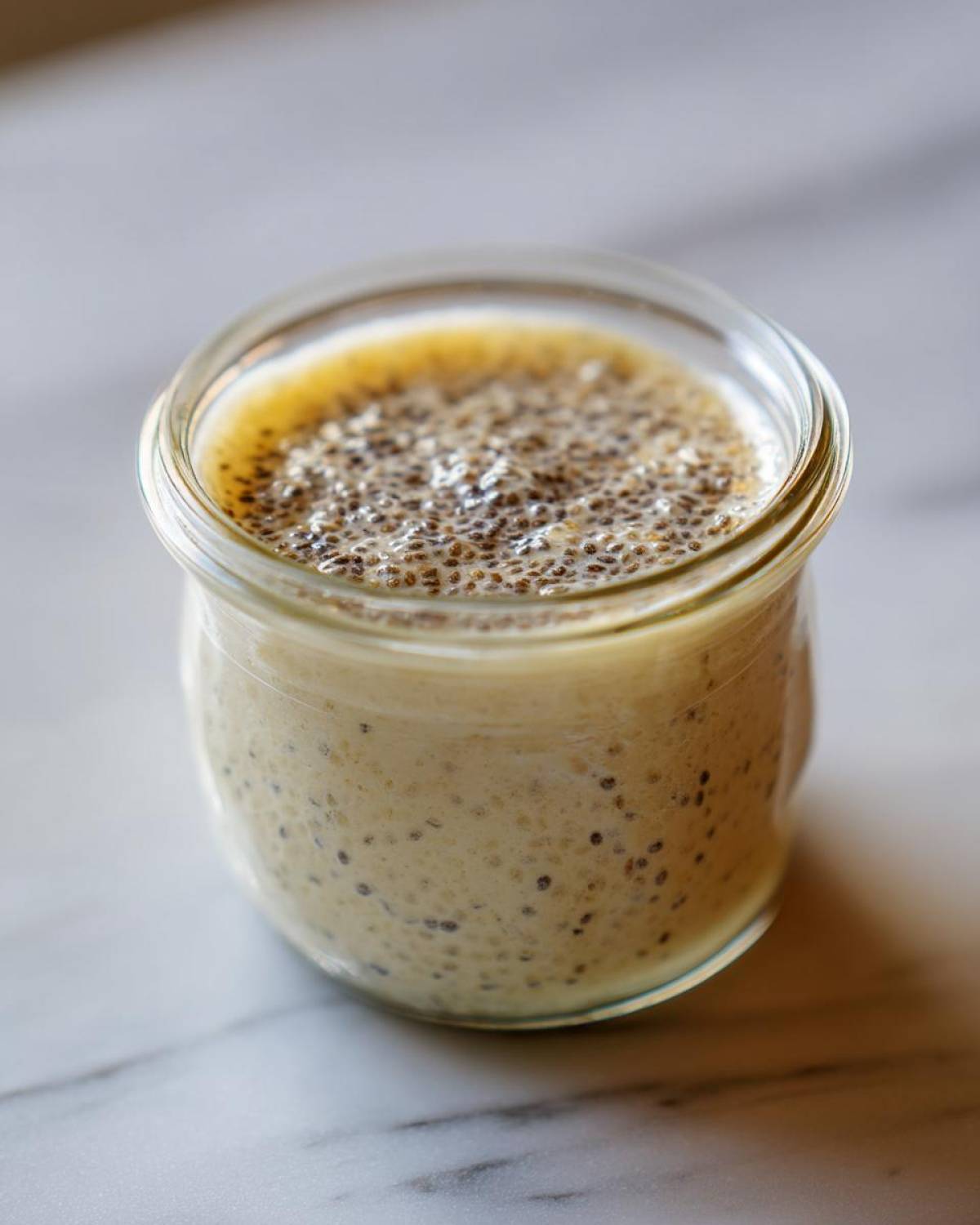 Close-up of creamy, light yellow chia seed pudding prepared in a small glass jar.