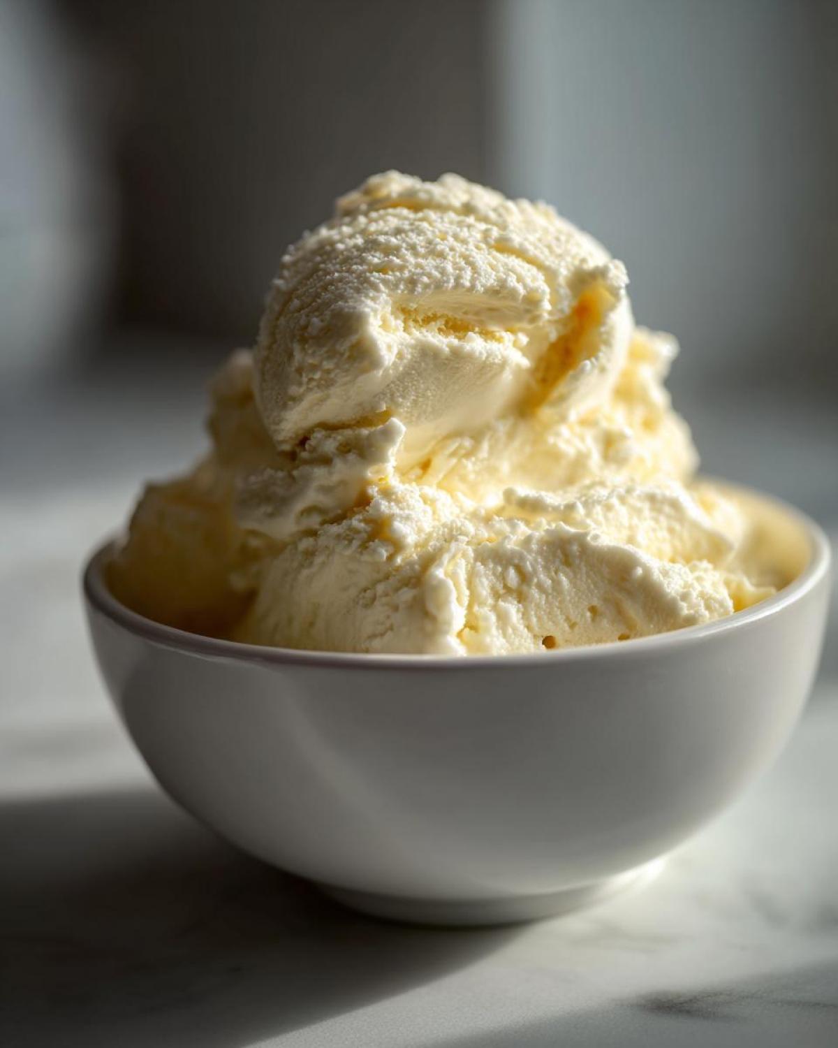 Close-up of several scoops of creamy vanilla protein ice cream piled high in a small white bowl.
