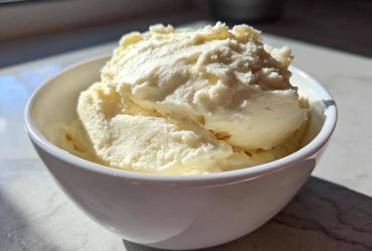 Close-up of creamy vanilla protein ice cream scooped high in a white bowl, brightly lit by sunlight.