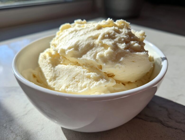 Close-up of creamy vanilla protein ice cream scooped high in a white bowl, brightly lit by sunlight.