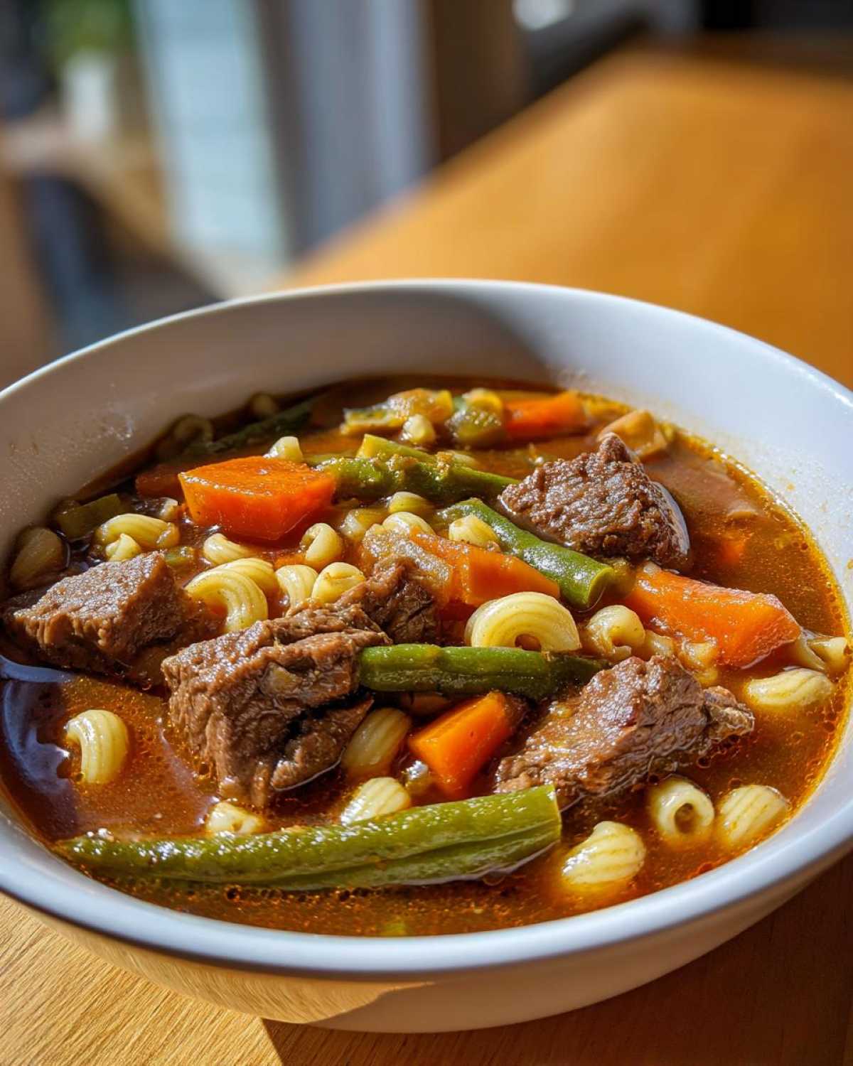 Close-up of a white bowl filled with rich vegetable beef soup containing chunks of beef, carrots, green beans, and elbow macaroni.