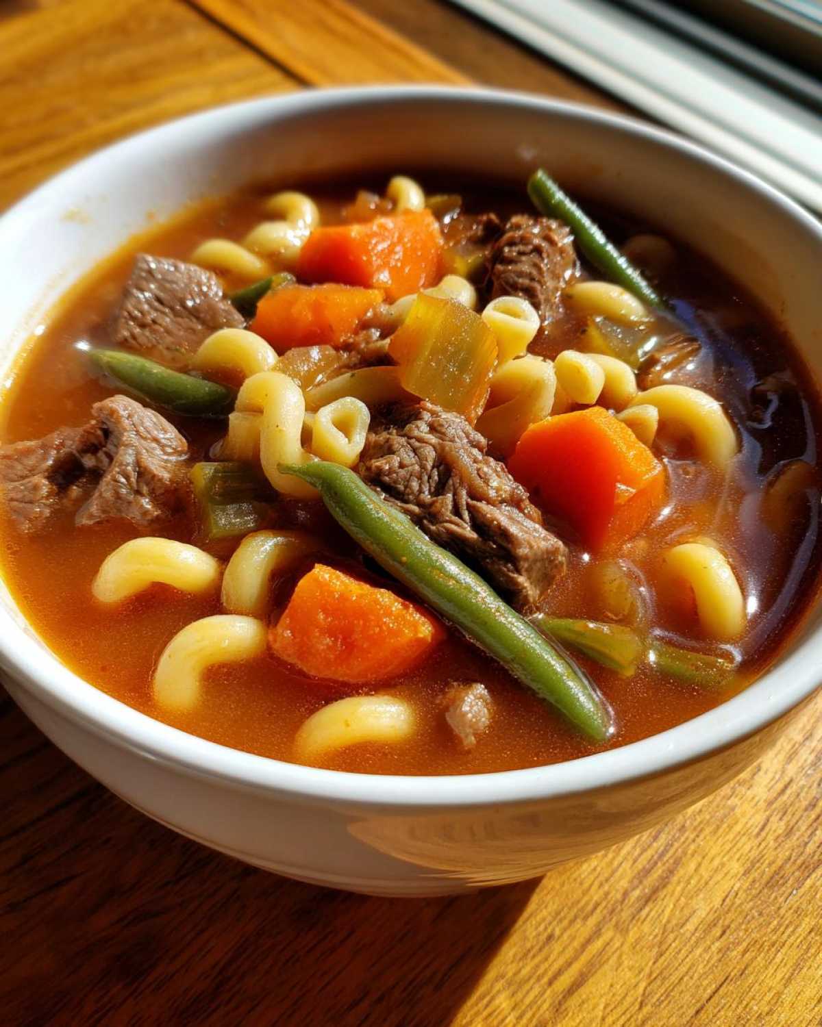 Close-up of a white bowl filled with rich vegetable beef soup, featuring chunks of beef, carrots, green beans, and elbow macaroni.