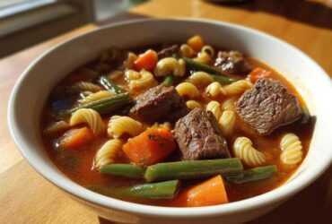 Close-up of a white bowl filled with rich vegetable beef soup featuring chunks of beef, carrots, green beans, and rotini pasta.