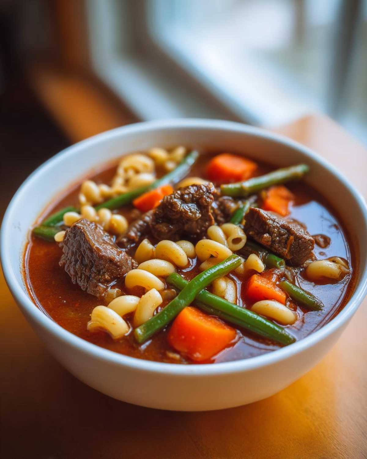 Close-up of a white bowl filled with rich vegetable beef soup featuring chunks of beef, carrots, green beans, and elbow macaroni.