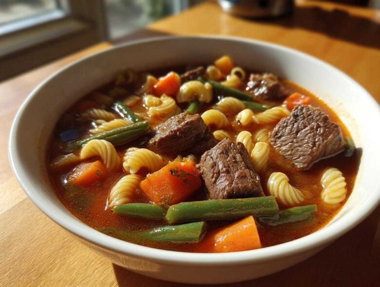 Close-up of a white bowl filled with rich vegetable beef soup featuring chunks of beef, carrots, green beans, and rotini pasta.