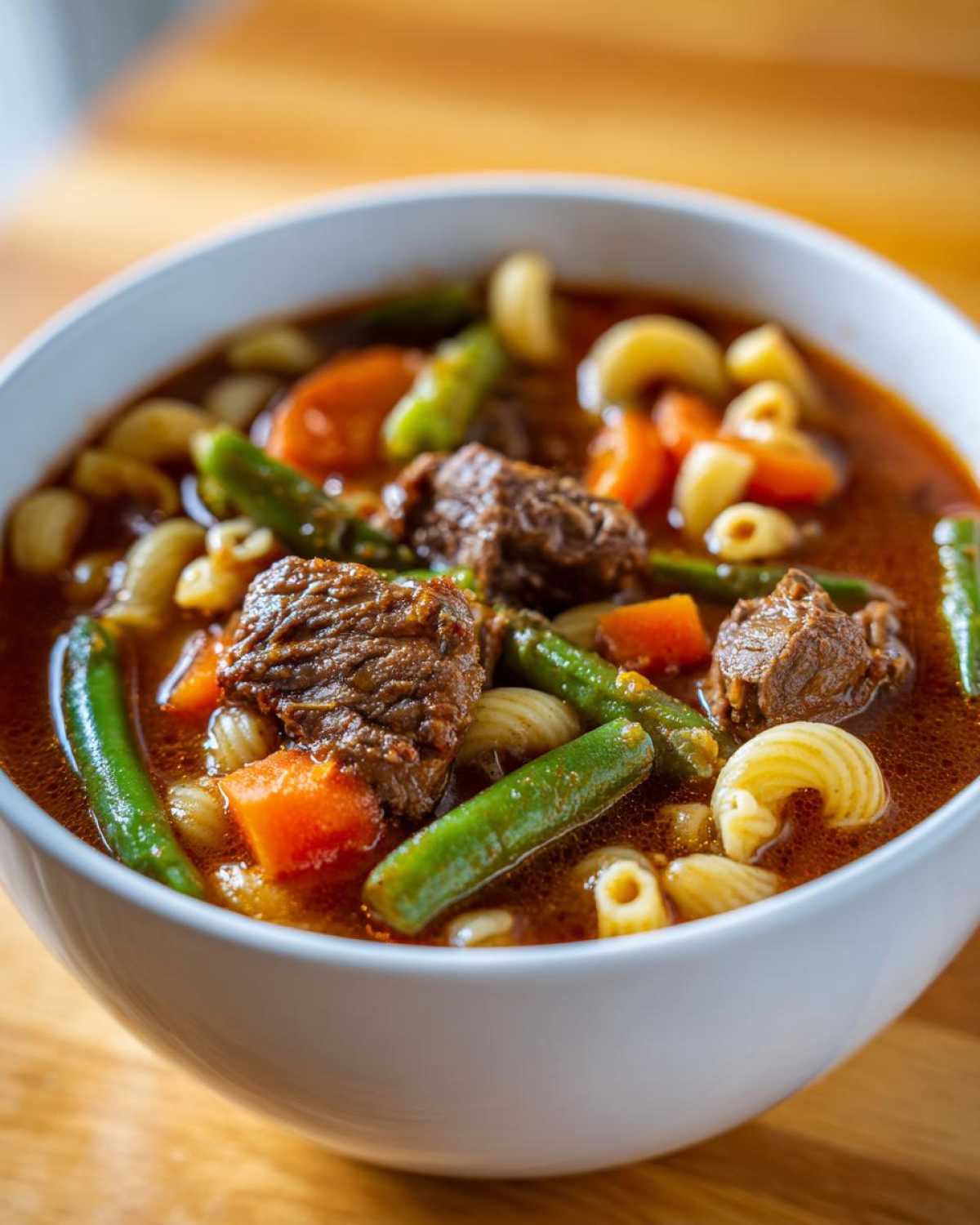 Close-up of a white bowl filled with rich vegetable beef soup, featuring chunks of beef, carrots, green beans, and elbow macaroni.
