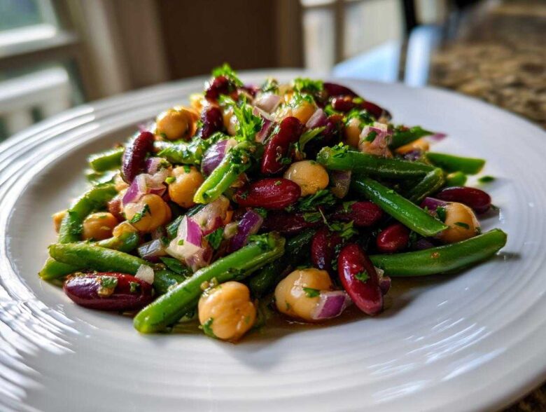 Close-up of a vibrant bean salad featuring green beans, kidney beans, chickpeas, and red onion on a white plate.