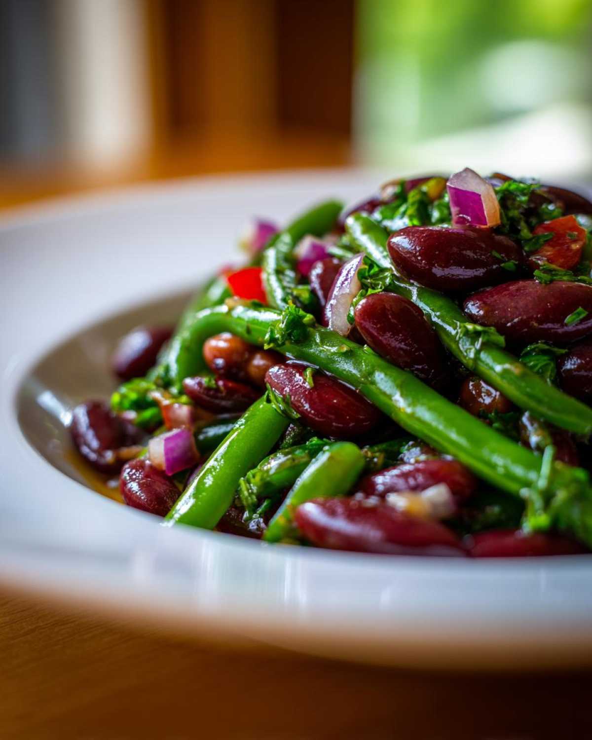 Close-up of a vibrant bean salad featuring glossy kidney beans, bright green beans, and diced red onion.