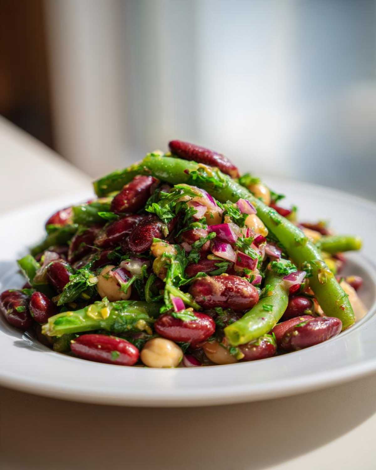 Close-up of a vibrant bean salad featuring kidney beans, green beans, chickpeas, and red onion.