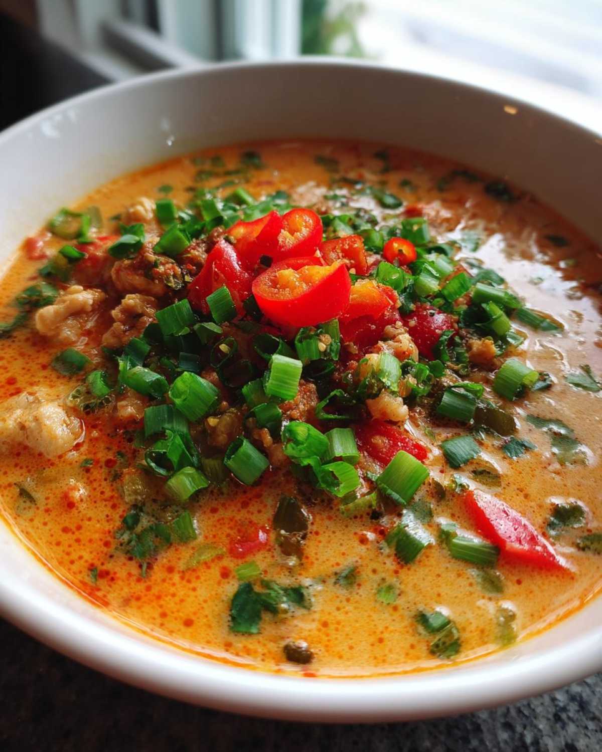Close-up of a vibrant bowl of coconut curry soup topped with chopped green onions and red chili slices.