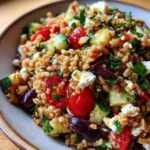 Close-up of a vibrant farro salad mixed with cherry tomatoes, cucumber, olives, feta cheese, and fresh parsley.