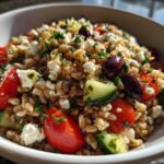 A close-up of a vibrant farro salad featuring farro grains, cherry tomatoes, cucumber, feta cheese, and Kalamata olives.
