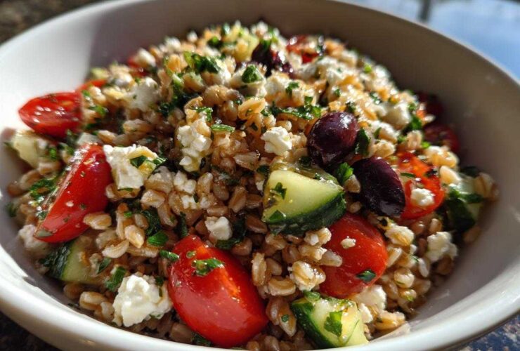 A close-up of a vibrant farro salad featuring farro grains, cherry tomatoes, cucumber, feta cheese, and Kalamata olives.
