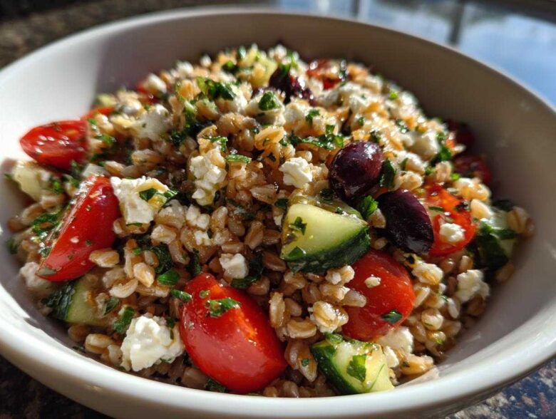 A close-up of a vibrant farro salad featuring farro grains, cherry tomatoes, cucumber, feta cheese, and Kalamata olives.