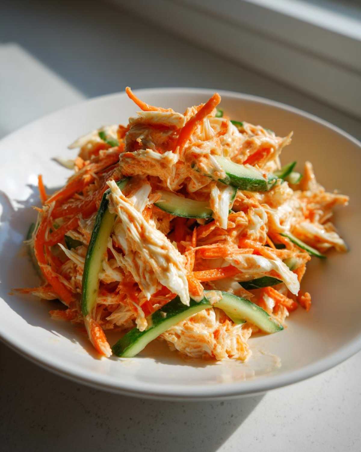 A close-up of a vibrant kani salad featuring shredded crab stick, julienned carrots, and thin cucumber slices tossed in a creamy dressing.