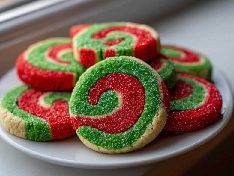 A stack of festive red and green pinwheel cookies coated in sparkling sugar on a white plate.