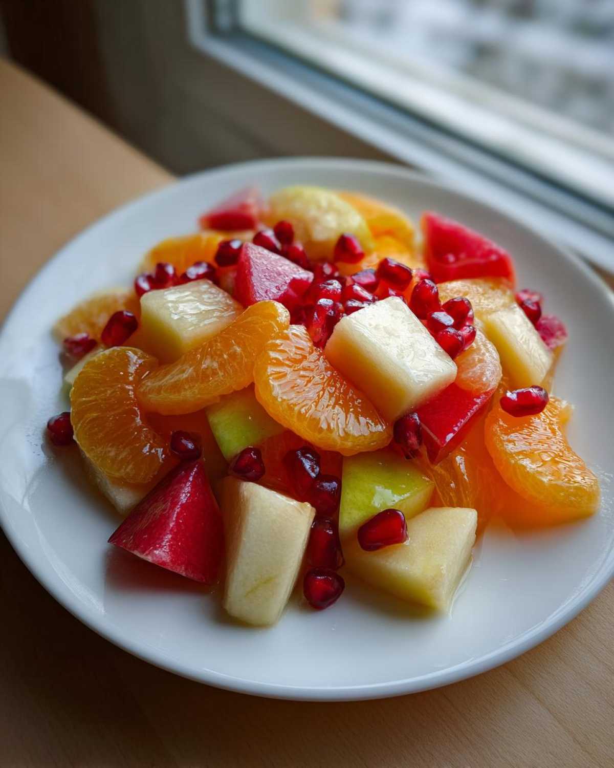 Close-up of a vibrant winter fruit salad featuring orange segments, white melon chunks, and bright red pomegranate seeds on a white plate.