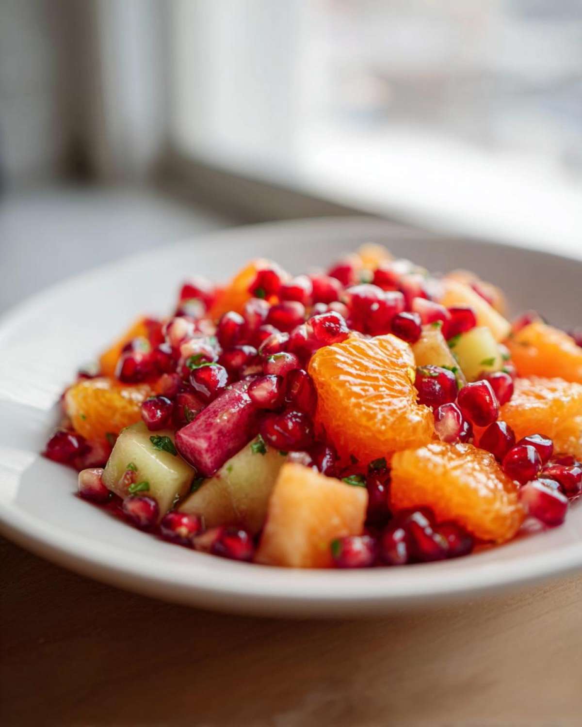 Close-up of a vibrant winter fruit salad featuring bright orange segments, melon chunks, and ruby red pomegranate seeds.