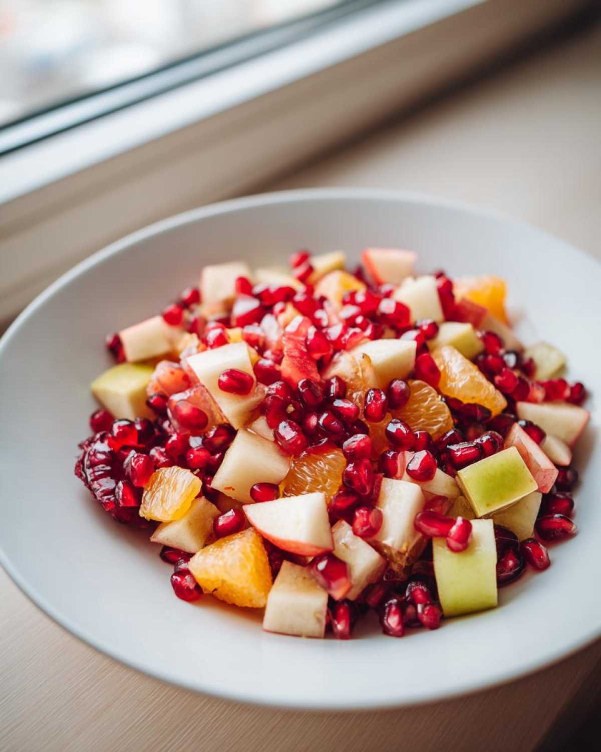 Close-up of a bright winter fruit salad featuring diced apples, orange segments, and abundant pomegranate seeds.