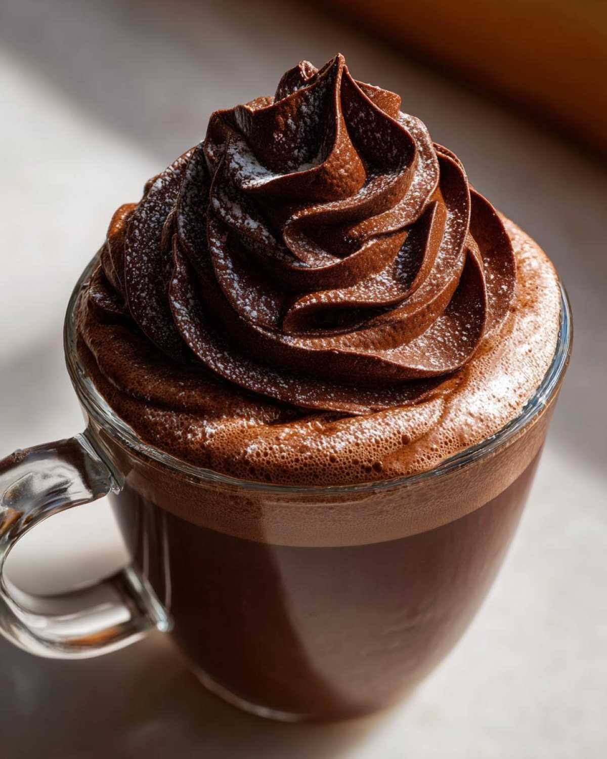 Close-up of a glass mug filled with rich hot chocolate topped with a tall swirl of chocolate whipped hot chocolate.