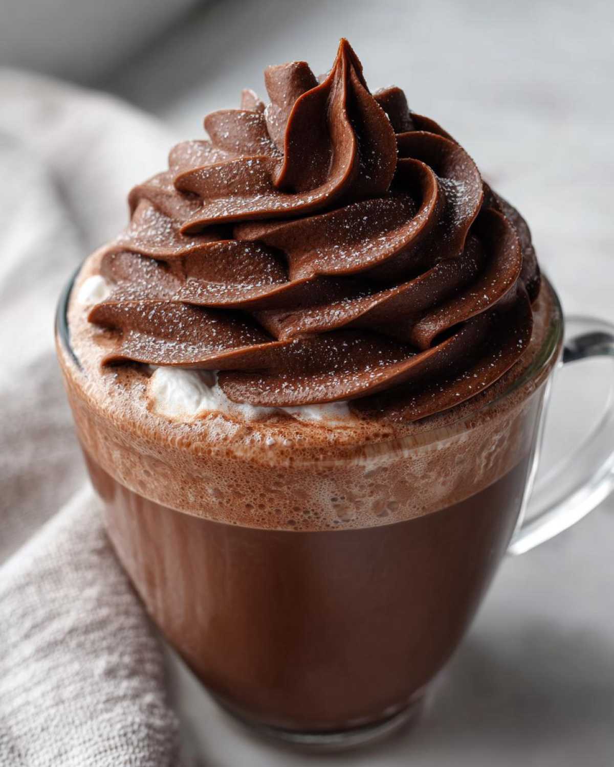 A close-up of a mug filled with hot chocolate, topped with a large swirl of rich, dark chocolate whipped topping.