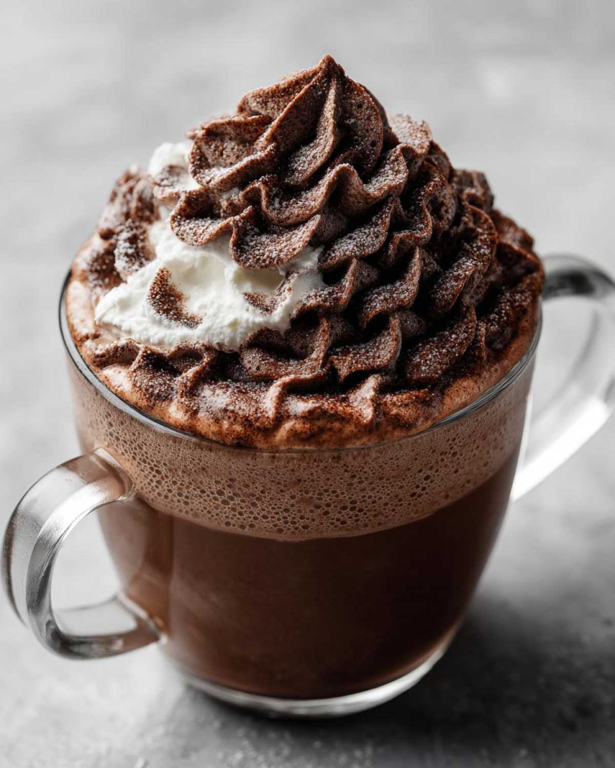 Close-up of a mug of rich whipped hot chocolate topped with a dramatic swirl of chocolate whipped cream and powdered sugar.