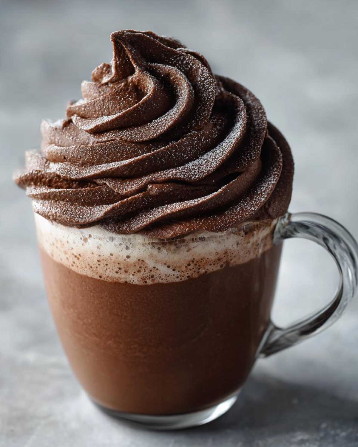 Close-up of a glass mug filled with rich hot chocolate topped high with dark chocolate whipped hot chocolate.
