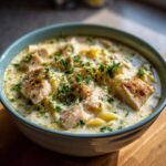Close-up of a bowl of creamy white chicken lasagna soup topped with shredded cheese and fresh parsley.