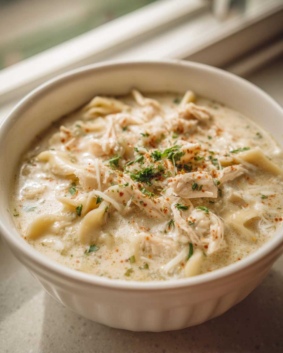 Close-up of a white bowl filled with creamy white chicken lasagna soup, topped with shredded chicken and herbs.