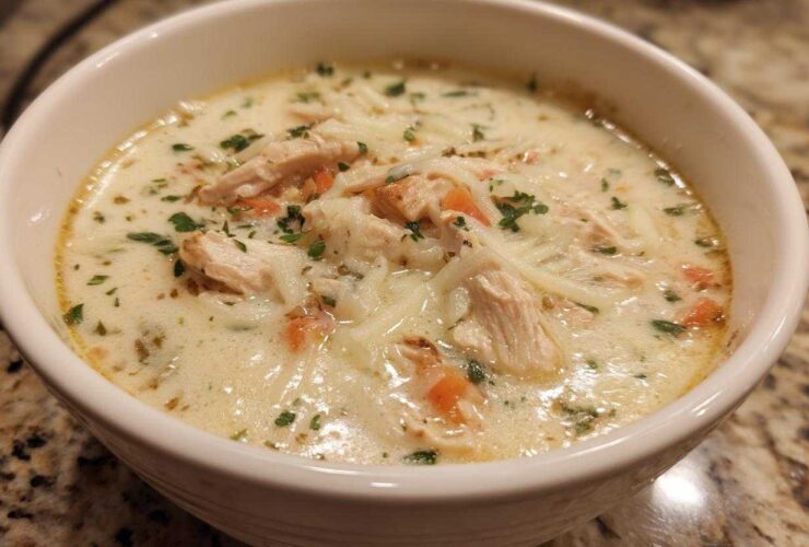 Close-up of a bowl of creamy white chicken lasagna soup topped with shredded cheese and parsley.