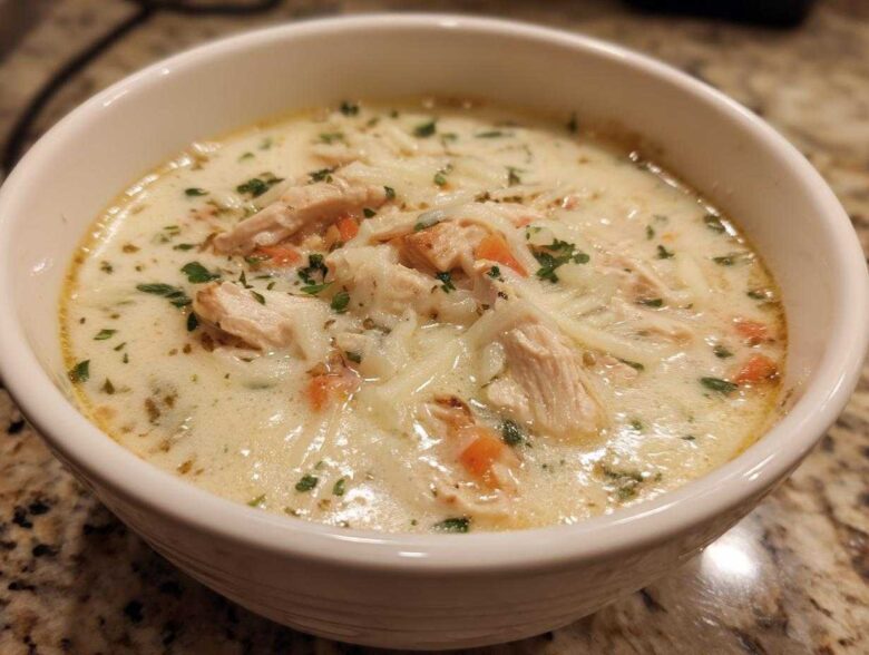Close-up of a bowl of creamy white chicken lasagna soup topped with shredded cheese and parsley.