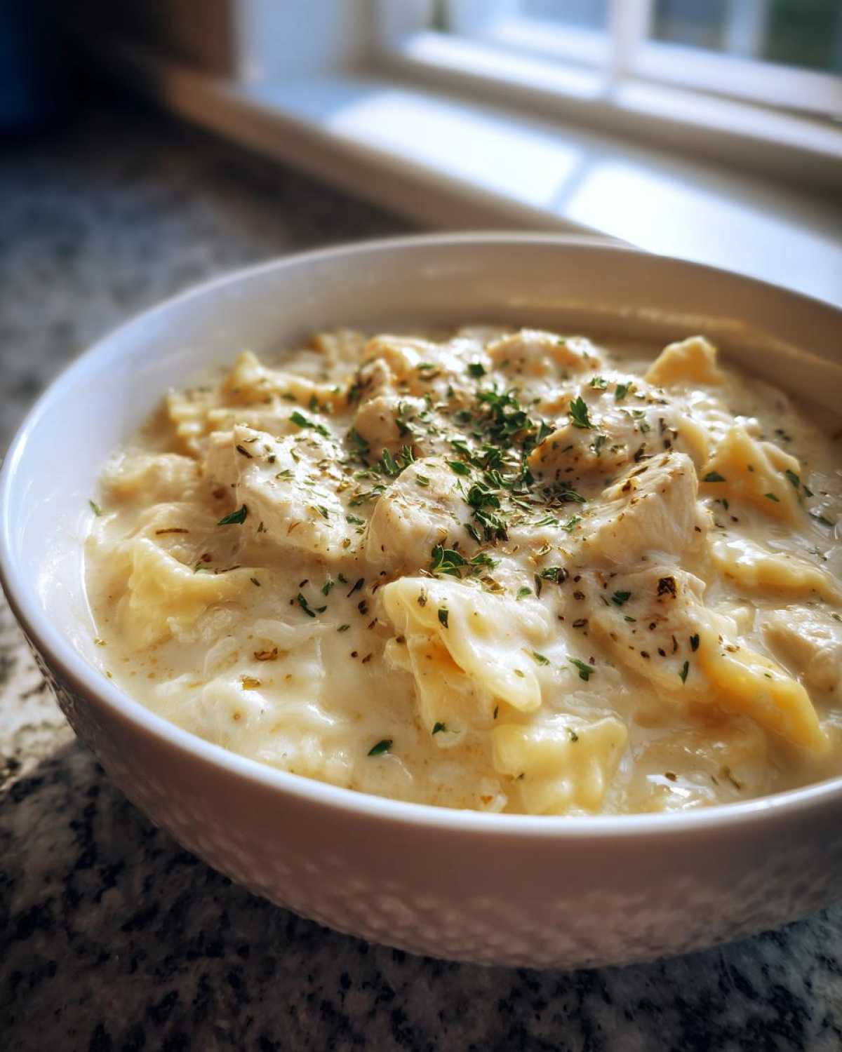 A close-up of a white bowl filled with creamy white chicken lasagna soup, topped with herbs.
