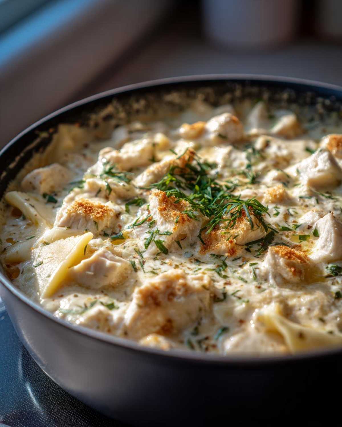Close-up of rich white chicken lasagna soup with chunks of chicken, pasta, and fresh herbs in a dark pot.