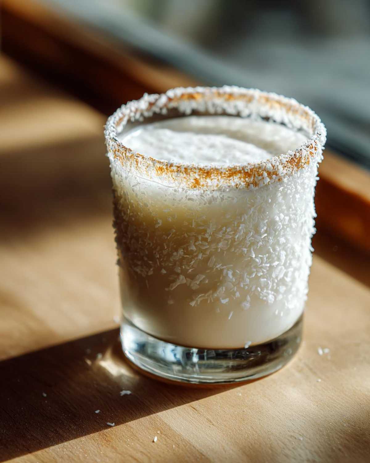 A creamy white christmas margarita in a short glass, rimmed with toasted coconut flakes.