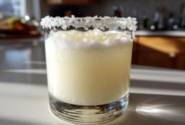 Close-up of a frosty white Christmas margarita in a rocks glass with a thick, snowy salt rim.