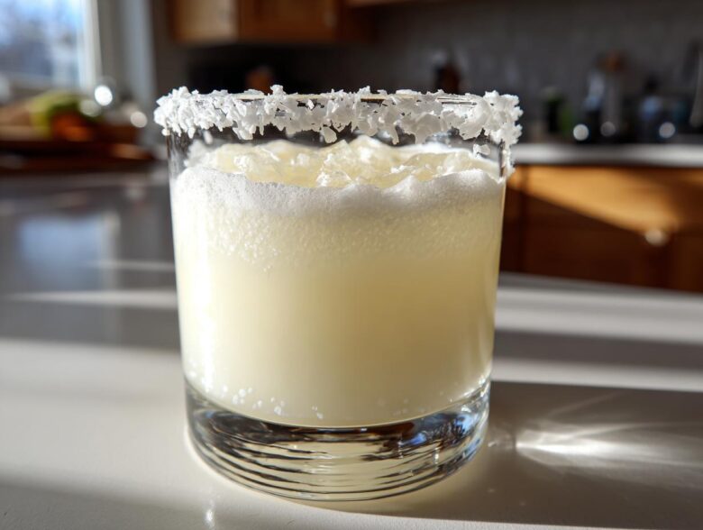 Close-up of a frosty white Christmas margarita in a rocks glass with a thick, snowy salt rim.