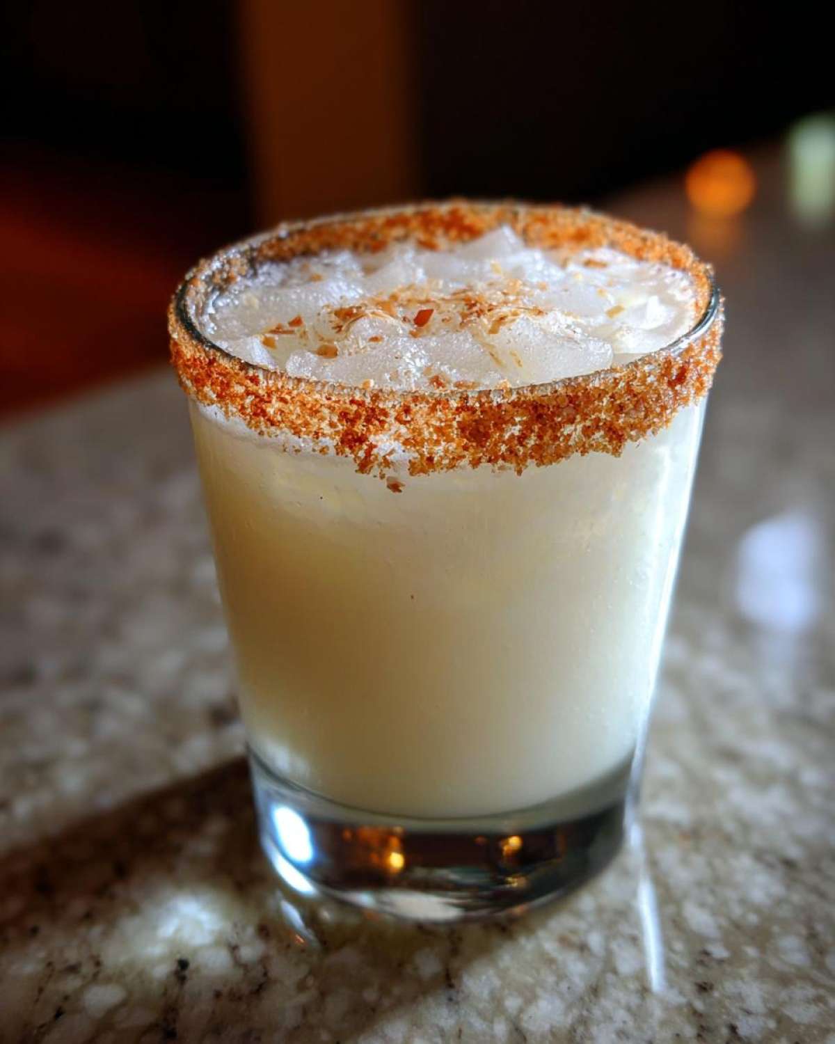 A creamy white Christmas margarita served in a rocks glass with crushed ice and a thick, spiced rim.