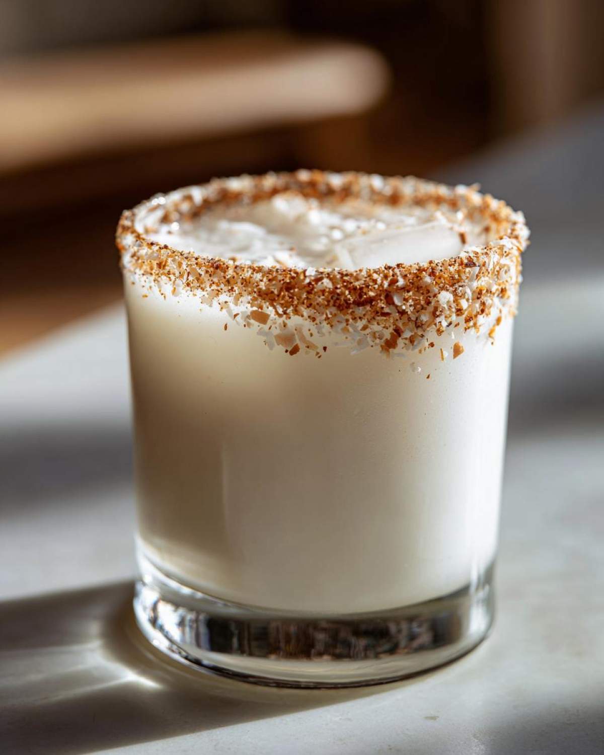 Close-up of a creamy white Christmas margarita in a rocks glass with a toasted coconut rim.
