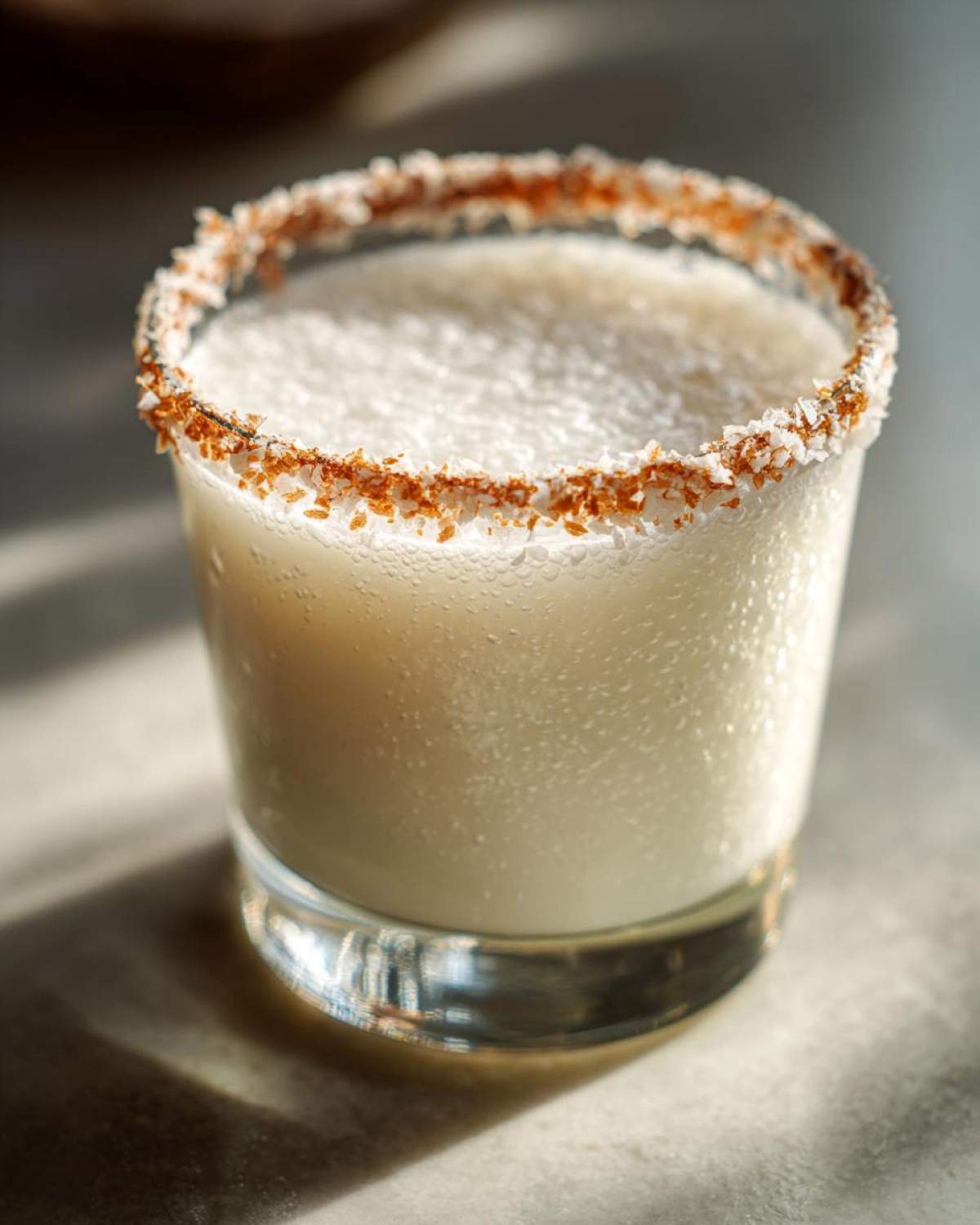 Close-up of a frosty white christmas margarita in a glass with a toasted coconut sugar rim.
