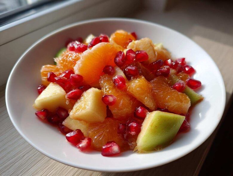 Close-up of a bright winter fruit salad featuring orange segments, apple chunks, and vibrant pomegranate seeds in a white bowl.