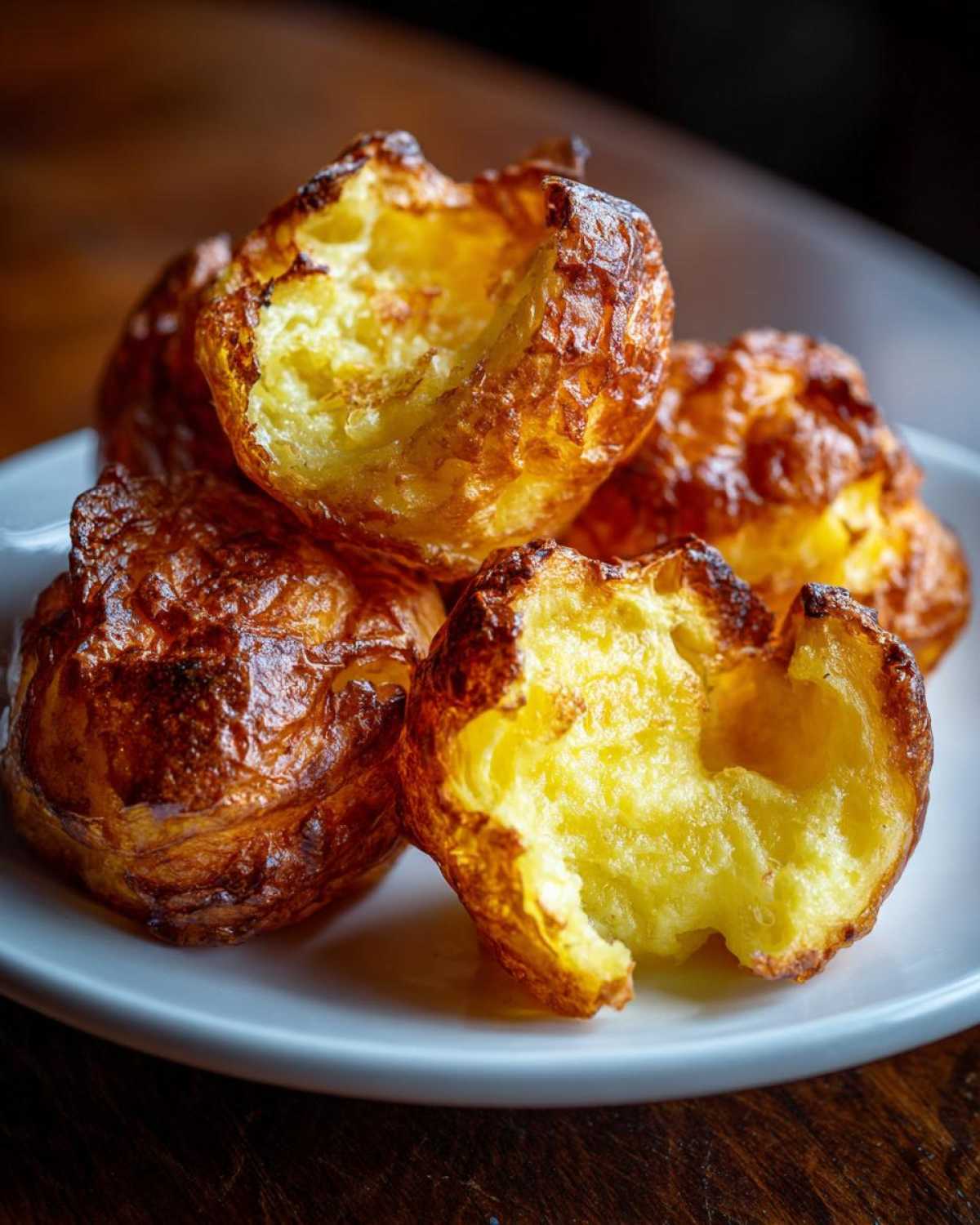 Close-up of golden brown, crispy Yorkshire puddings piled on a white plate, highlighting their airy interior.