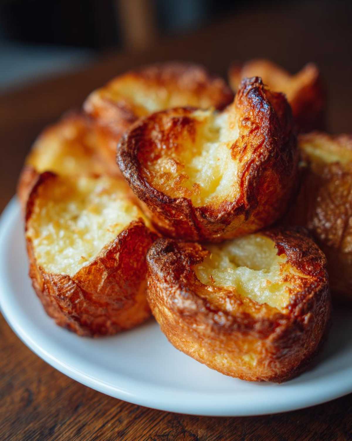 Close-up of golden brown, puffed Yorkshire puddings served on a white plate, often accompanying roast potatoes.