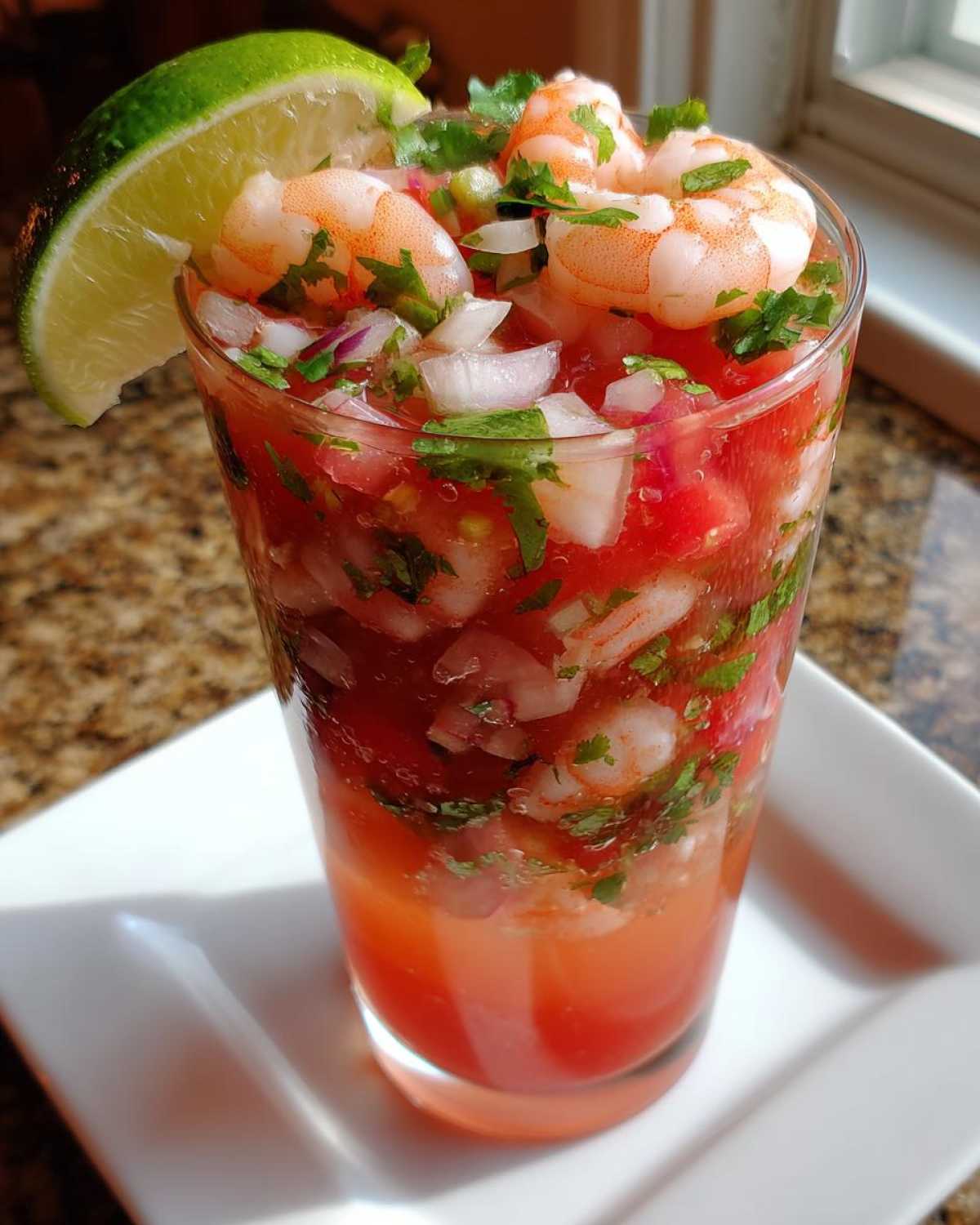 A refreshing shrimp cocktail served in a tall glass, featuring cooked shrimp, diced tomatoes, onions, cilantro, and a lime wedge.