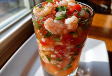 Close-up of a refreshing shrimp cocktail in a glass, featuring shrimp, diced tomatoes, onions, and cilantro in a tomato-based sauce.