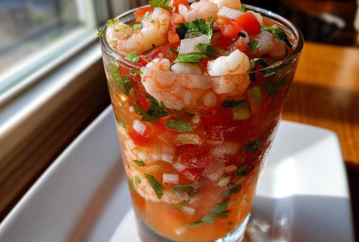 Close-up of a refreshing shrimp cocktail in a glass, featuring shrimp, diced tomatoes, onions, and cilantro in a tomato-based sauce.