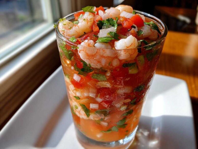 Close-up of a refreshing shrimp cocktail in a glass, featuring shrimp, diced tomatoes, onions, and cilantro in a tomato-based sauce.