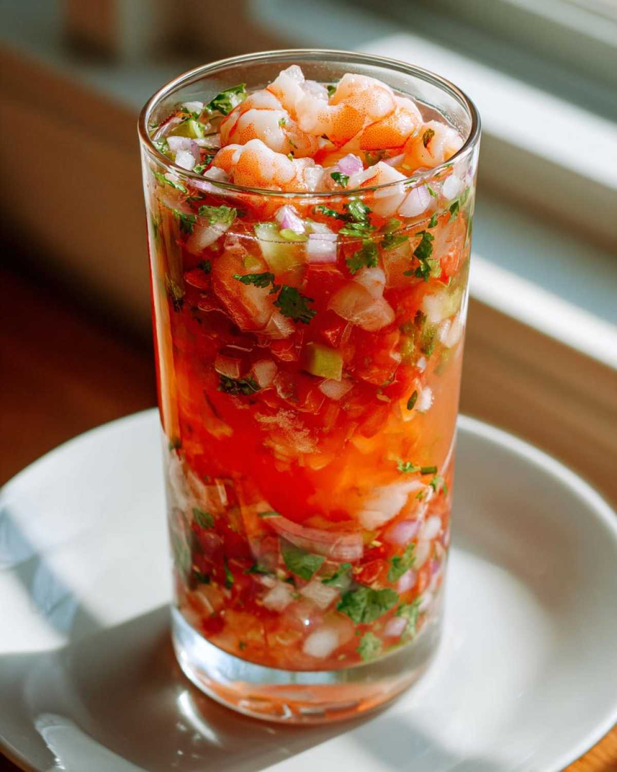 A tall glass filled with zesty shrimp cocktail, featuring cooked shrimp atop a mix of diced tomatoes, onions, and cilantro.